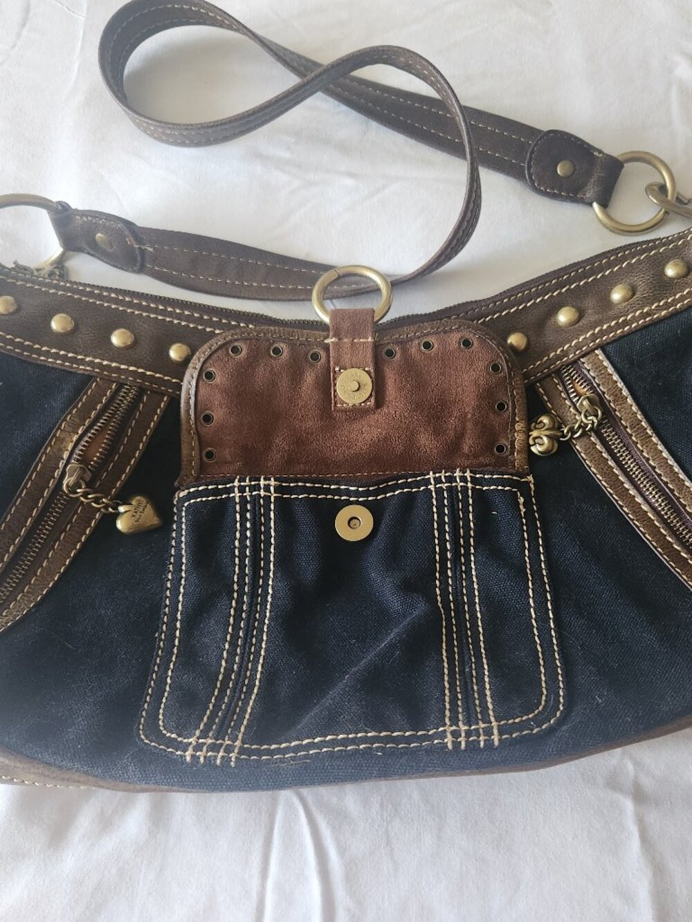 KATHY Van ZEELAND women's Shoulder bag black/brown canvas body Large - Picture 3 of 8